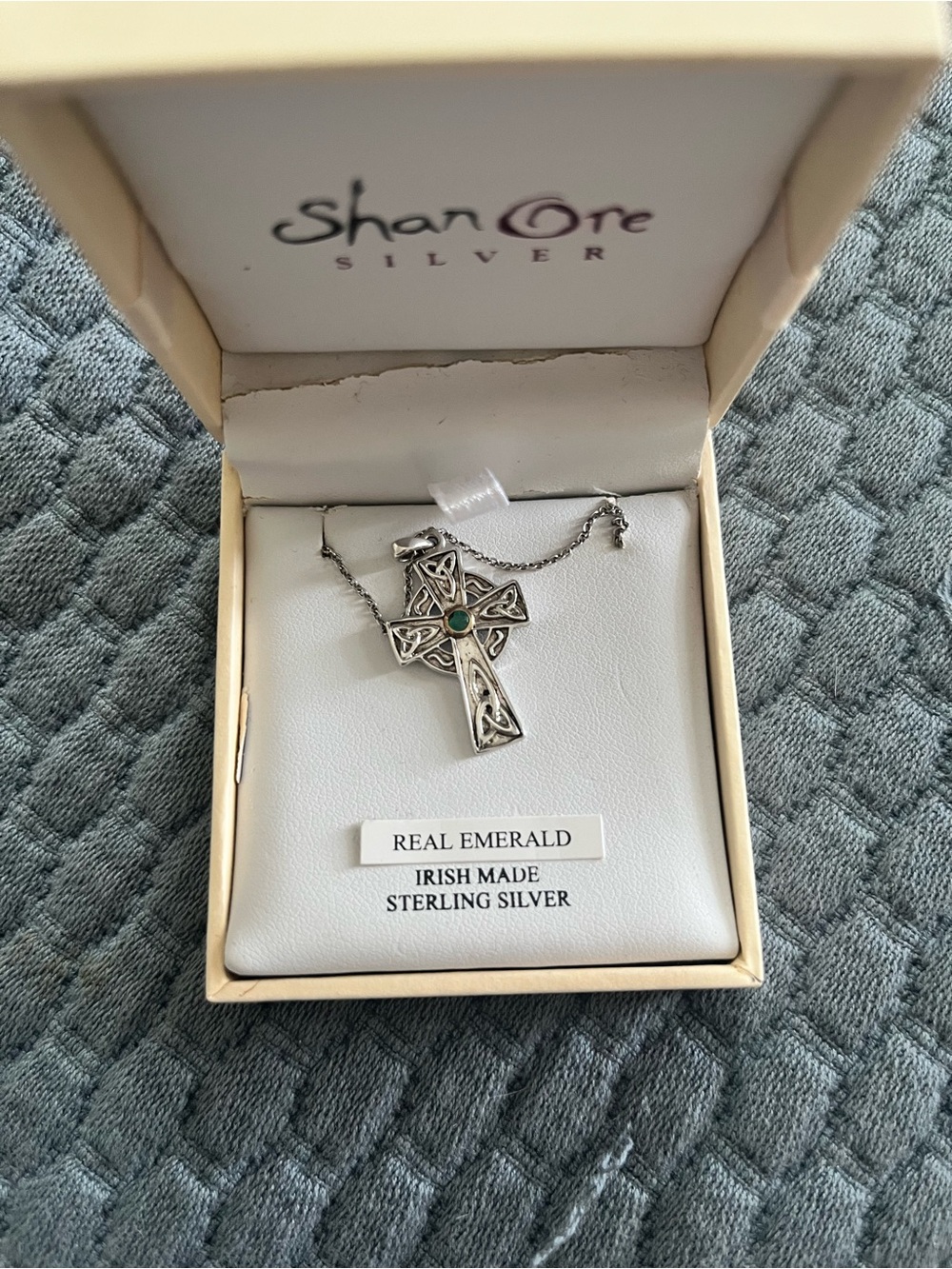 Silver Celtic Cross Necklace with Real Emerald